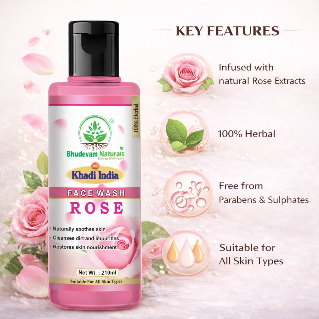 Bhudevam Naturals Khadi Rose Face Wash Gentle Herbal Face Cleanser for Soft & Glowing Skin- 420ML (Pack of 2)