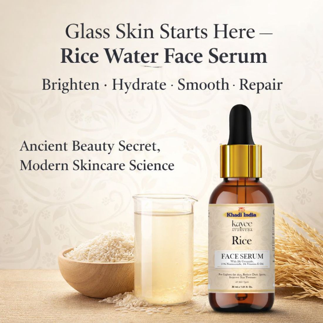 Kayee Ayurveda Rice Face Serum for Glowing & Hydrated Skin | Lightweight Facial Serum for Dull, Dry & Uneven-Looking Skin | Helps Improve the Appearance of Skin Tone, Texture & Dullness | Daily Skincare Serum for Women & Men | 30 ml