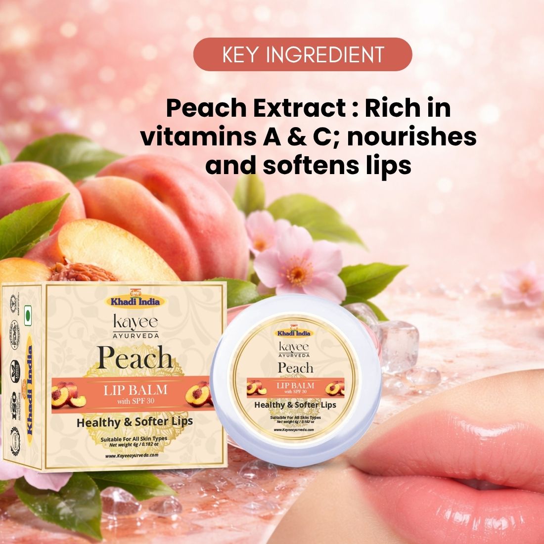 Kayee Ayurveda Peach Lip Care Balm, Moisturizing Lip Balm for Dry & Chapped Lips, Helps Lock in Moisture and Maintain Soft, Supple & Smooth-Looking Lips, Daily Lip Care for Women & Men | 6 g