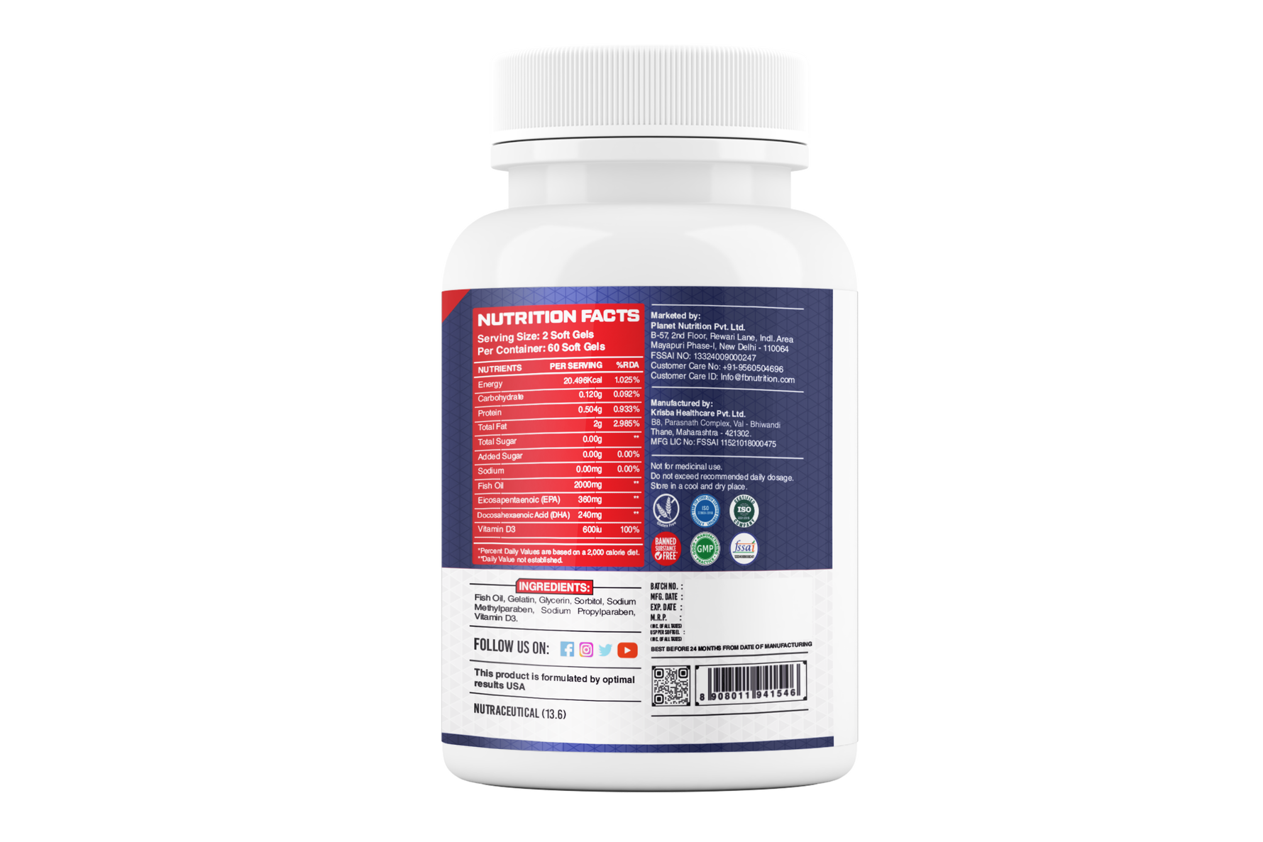 FB Nutrition Omega 3 Softgel Capsules - 60 Softgel Capsules