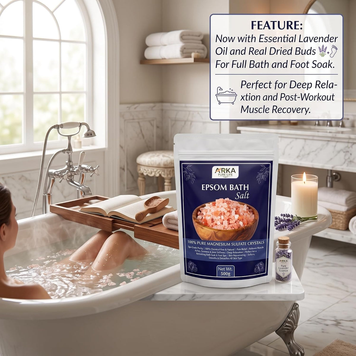 Arka Pure Life Epsom Bath Salt – Magnesium Sulfate Bath Salt for Relaxing Soak, Muscle & Body Care – 500g