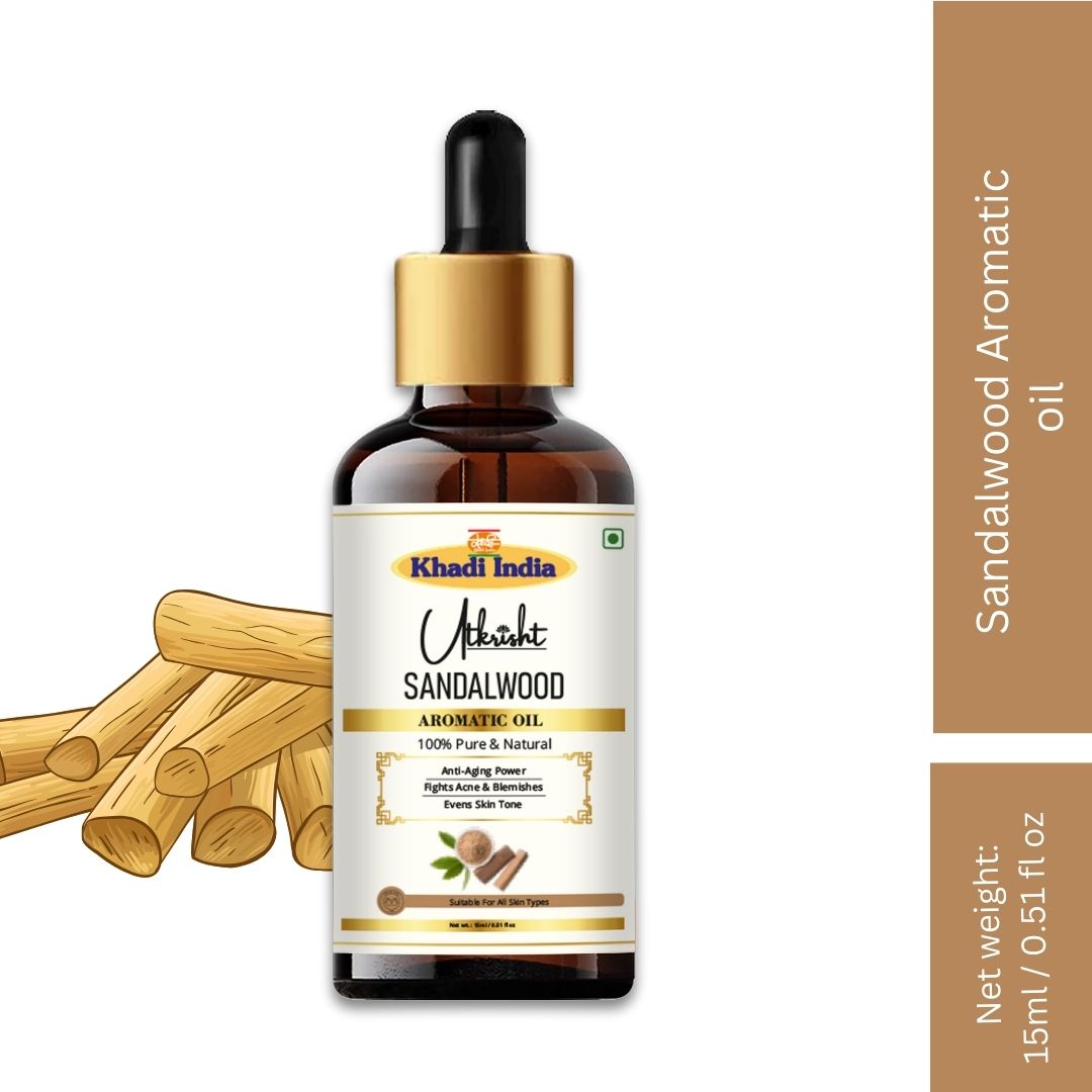 Khadi Sandalwood Essential Oil | Pure & Natural Sandalwood Oil for Face & Skin Care | Herbal Essential Oil for Aromatherapy, Relaxation & Glowing-Looking Skin | 15 ml