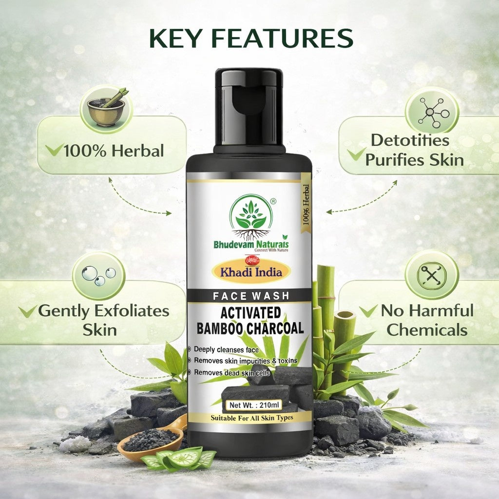 Bhudevam Naturals Khadi Bamboo Charcoal Herbal Face Wash – Reduces Acne, Pimples & Oiliness- 420ML (Pack of 2)