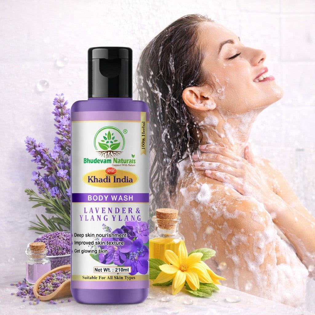 Bhudevam Naturals Khadi Lavender Ylang Ylang Body Wash, Soothing & Relaxing Skin Cleanser- 210ML