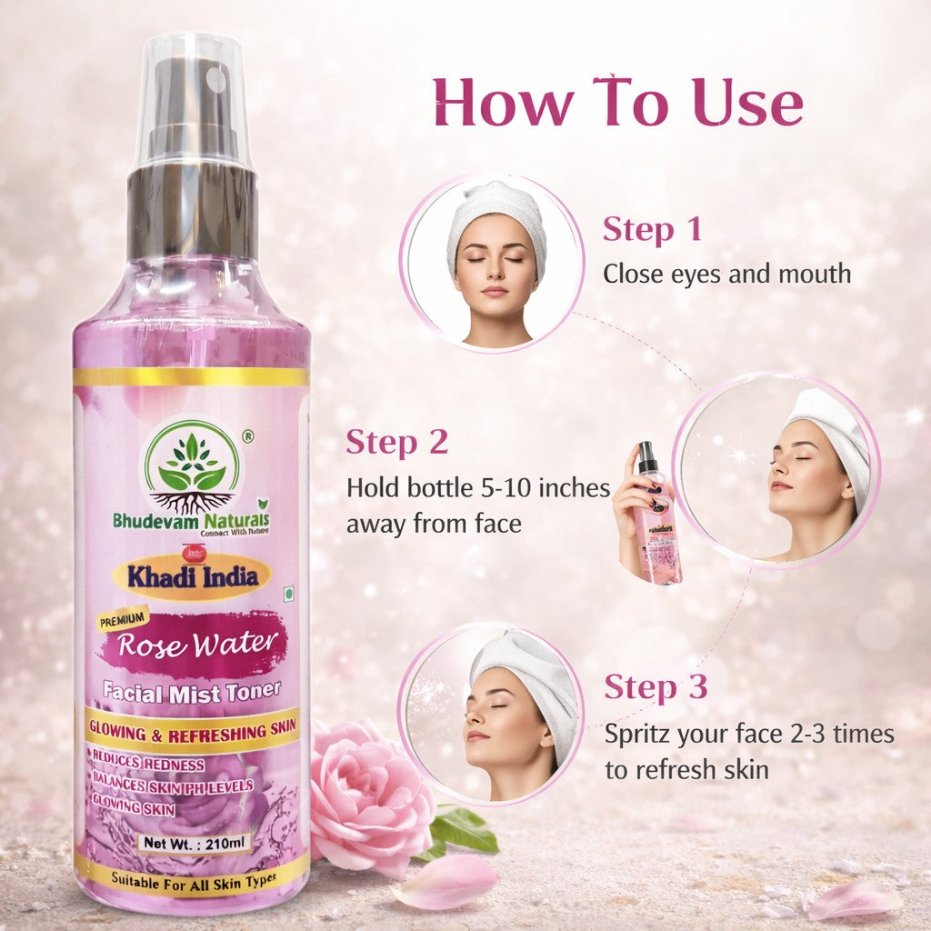 Bhudevam Naturals Khadi Pure Rose Water Mist Toner for Instant Glow, Refresh & Oil Control- 420ML (Pack of 2)