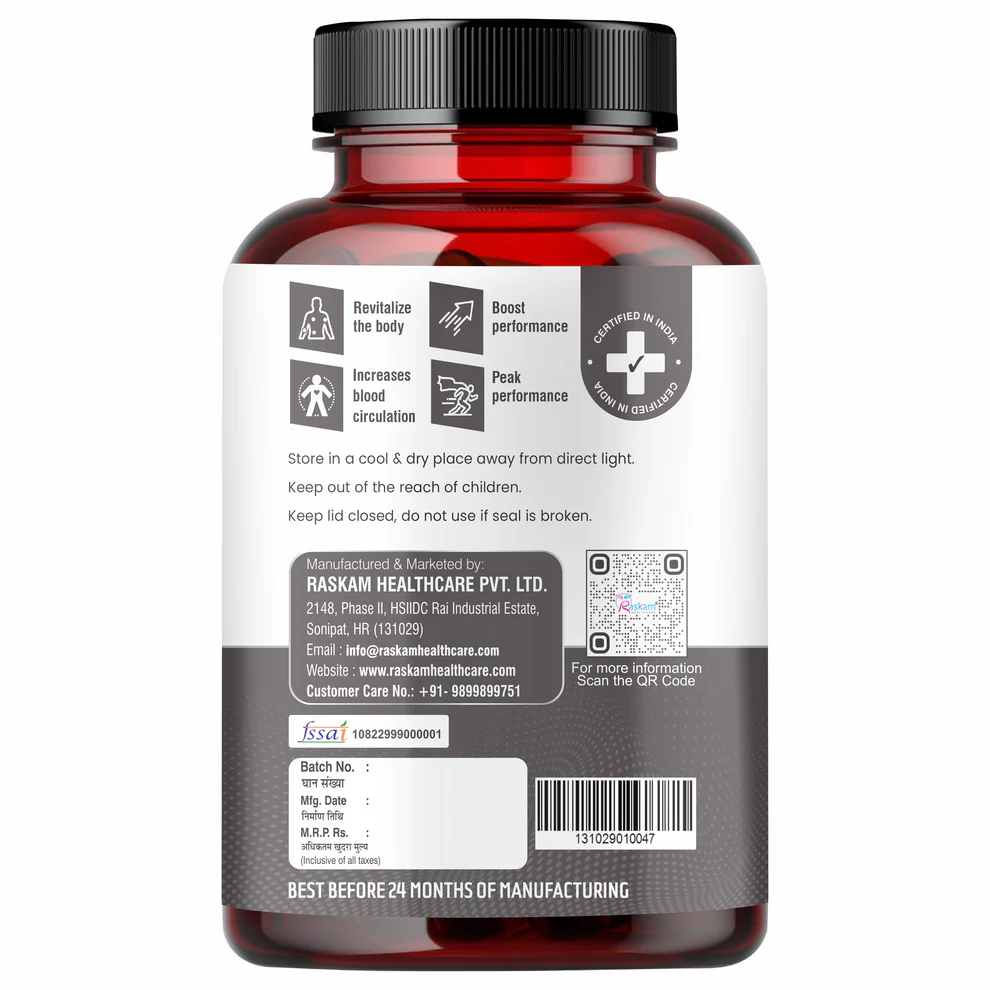 Raskam Men's Performance Booster 60 - Capsules - Improve Muscle Strength & Performance, Boost Energy for Men