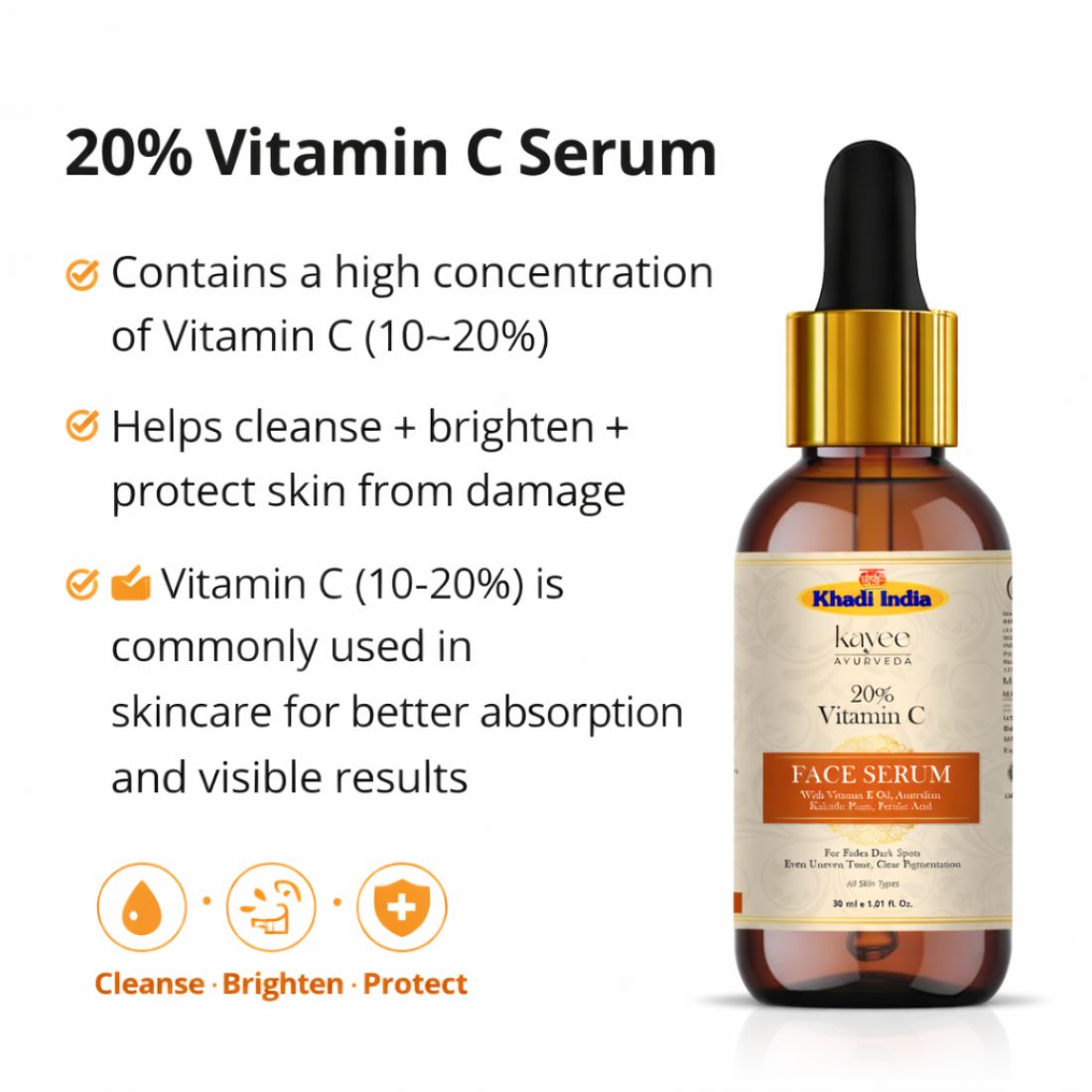 Kayee Ayurveda 20% Vitamin C Face Serum for Face | Brightening & Antioxidant Facial Serum for Dull & Uneven-Looking Skin | Helps Improve the Appearance of Dark Spots, Uneven Skin Tone & Skin Texture | Lightweight Daily Skincare for Women & Men | 30 ml