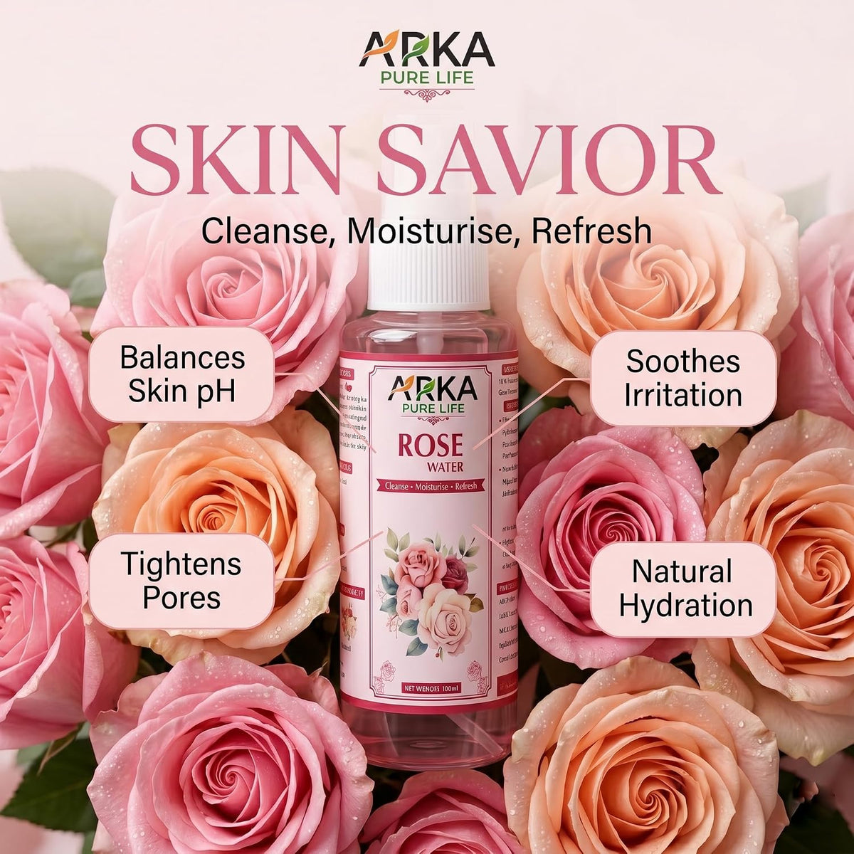 Arka Pure Life Rose Water Face Mist Spray – Refreshing & Hydrating Facial Mist for Fresh, Soft & Healthy-Looking Skin – 100ml