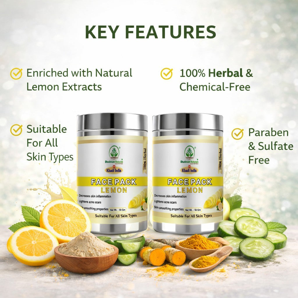 Bhudevam Naturals Khadi Lemon Face Pack Skin Brightening Face Mask for Acne, Pigmentation & Tan Removal- 100GM (Pack of 2)