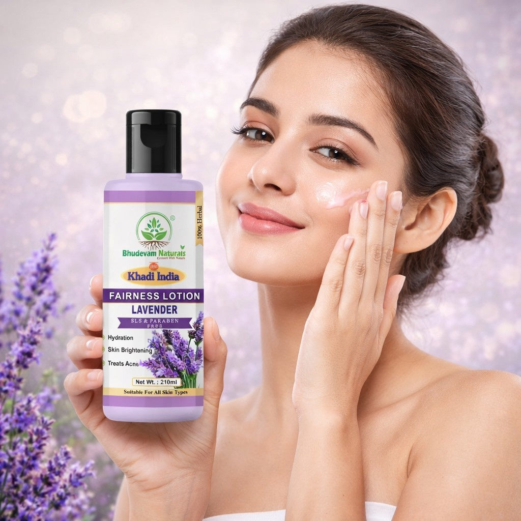 Bhudevam Naturals Khadi Lavender Fairness Lotion for Women & Men – Even Skin Tone & Radiant Glow Moisturizer- 210ML