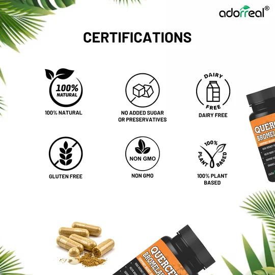 Adorreal Quercetin with Bromelain Capsules (30 Capsules) | Powerful Antioxidant, Immune Defense & Respiratory Support