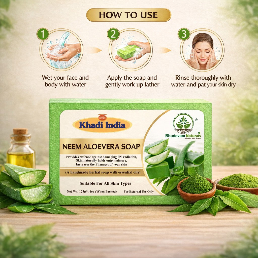 Bhudevam Naturals Khadi Handmade Neem Aloe Vera Soap – Anti-Acne & Skin Soothing Bath Soap- 500GM (Pack of 4)