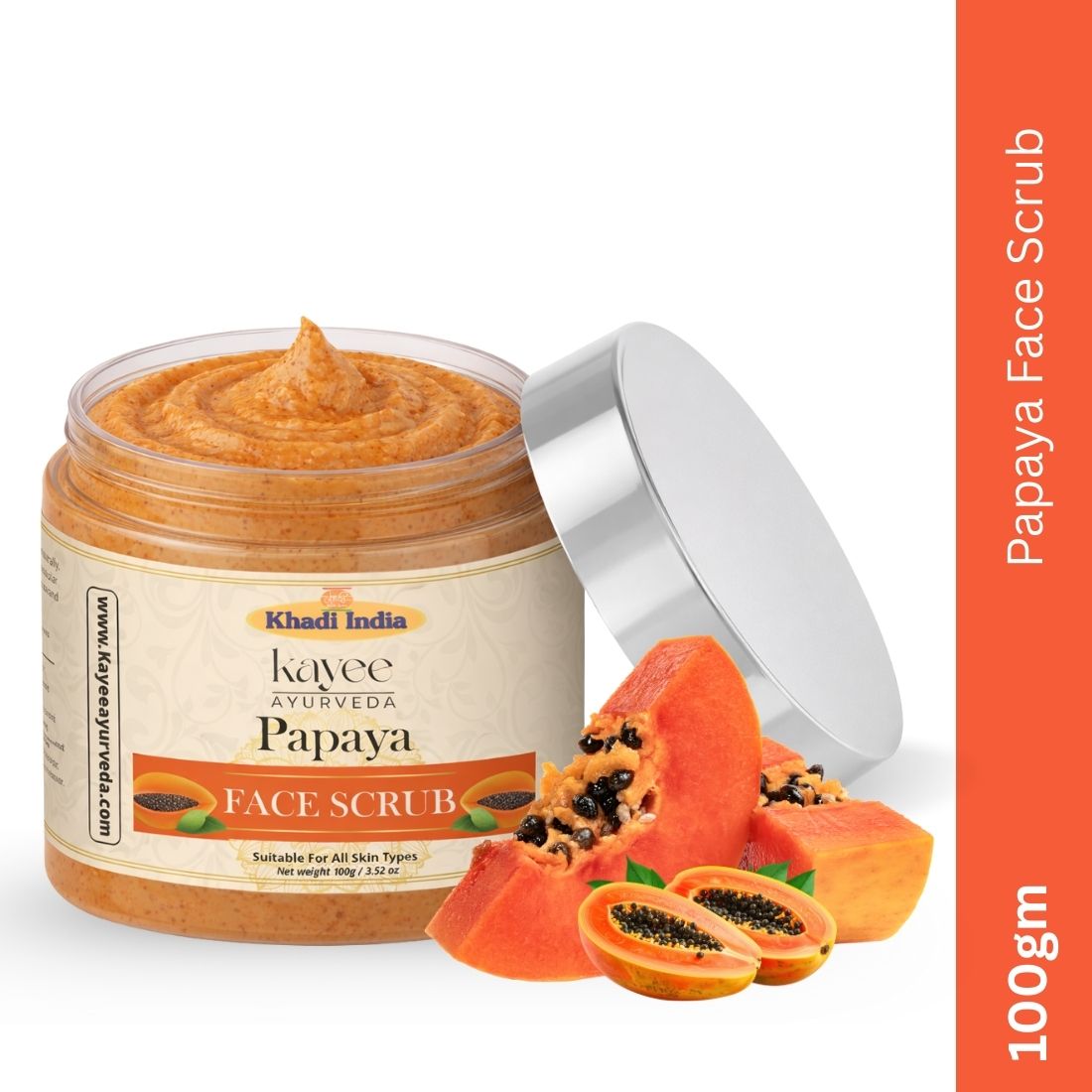 Kayee Ayurveda Papaya Herbal Face Scrub | Papaya Facial Exfoliator for Deep Cleansing, Skin Polishing & Removing Dull Surface Buildup | Helps Improve the Appearance of Uneven & Dull-Looking Skin | Suitable for Regular Skincare