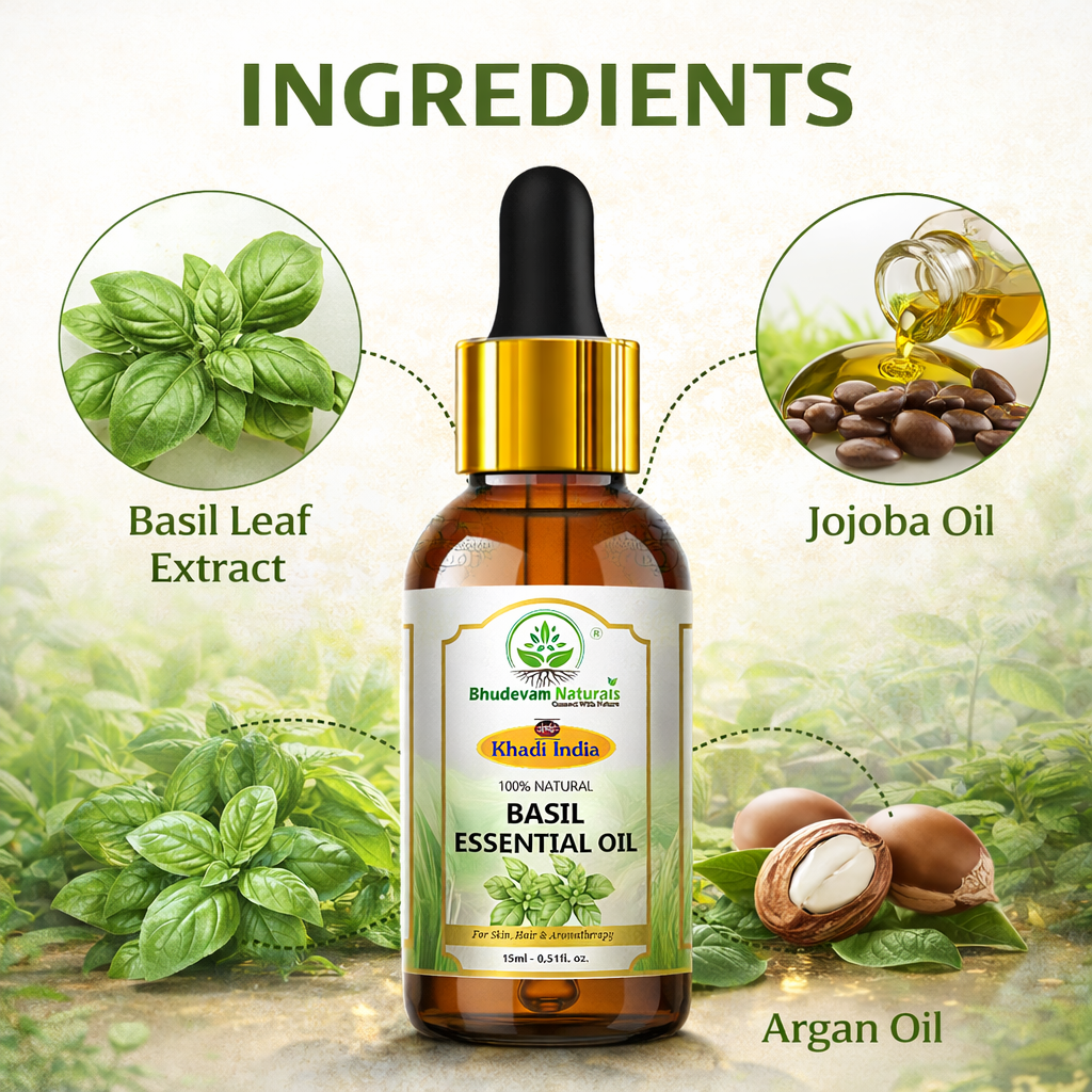 Bhudevam Naturals Khadi Basil Essential Oil for Hair Care, Aromatherapy, Stress Relief, Diffuser, Massage & Skin Care - 15ml