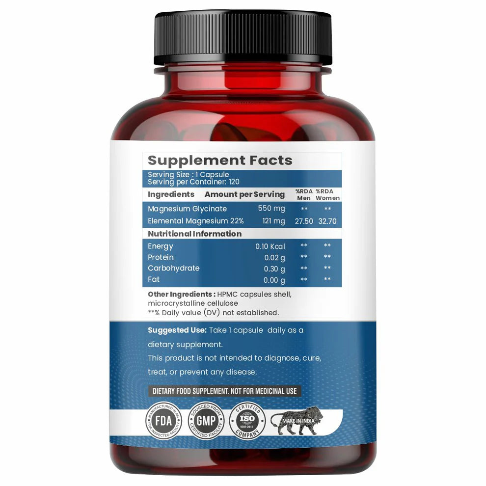 Raskam High Absorption Magnesium Glycinate -120 Vegetable Capsules ,750mg