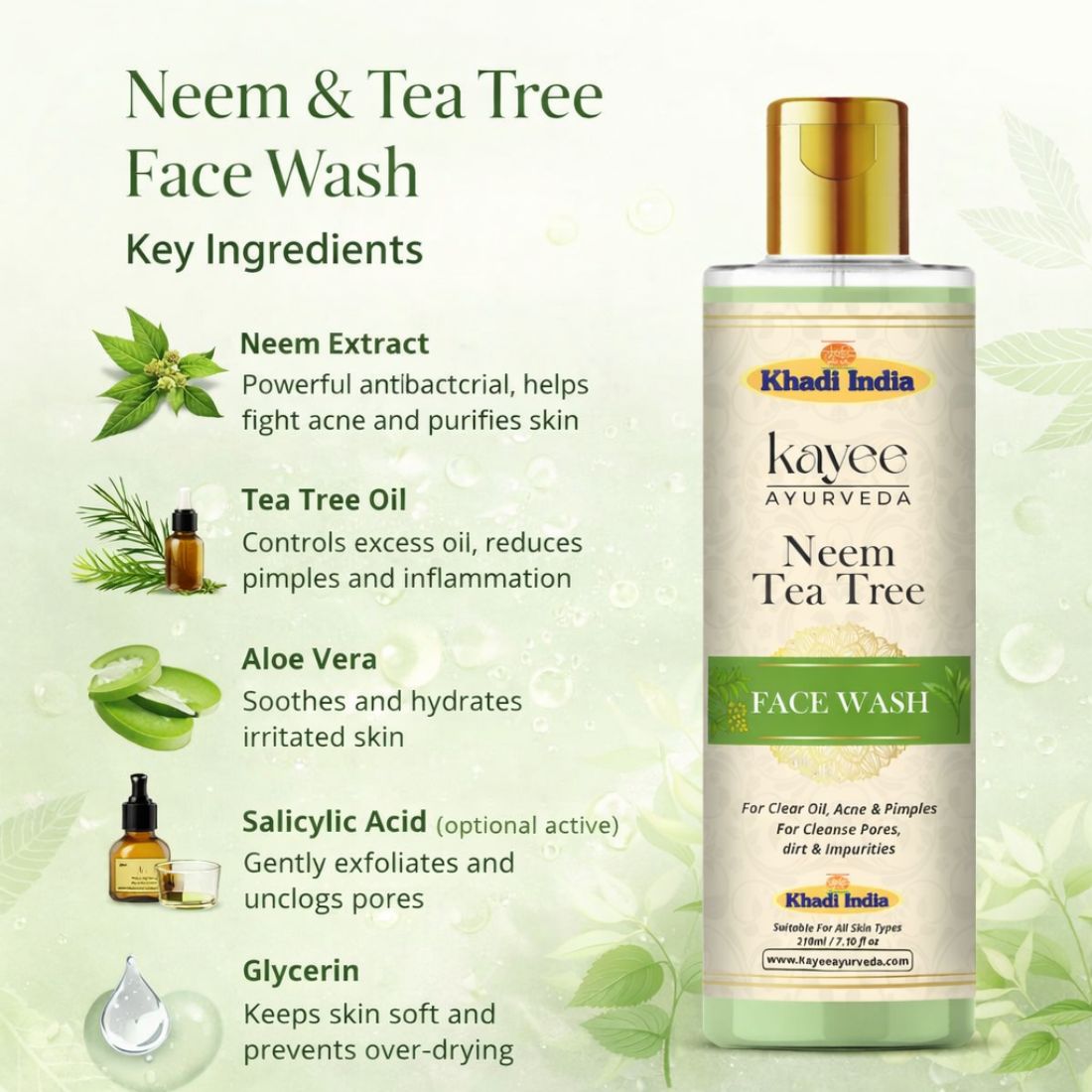 Kayee Ayurveda Neem Tea Tree Face Wash for Men & Women | Herbal Facial Cleanser for Oily & Acne-Prone Skin | Neem & Tea Tree Formula Helps Remove Dirt, Excess Oil & Impurities for Fresh, Clean & Healthy-Looking Skin | 210 ml