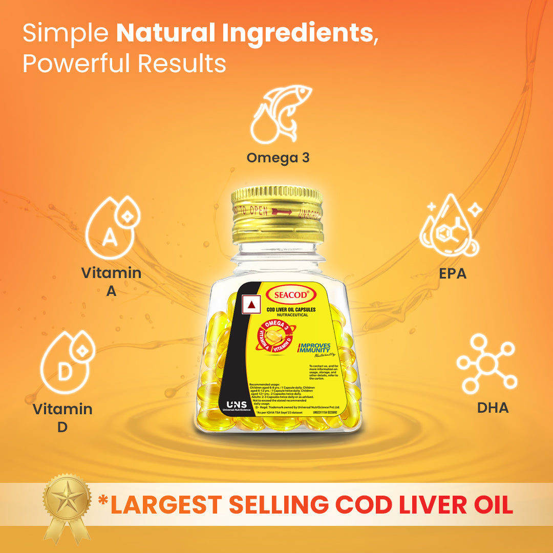 Seacod Cod Liver Oil Capsule 300 mg | Omega-3, Vitamins D & A | Immune & Heart Health