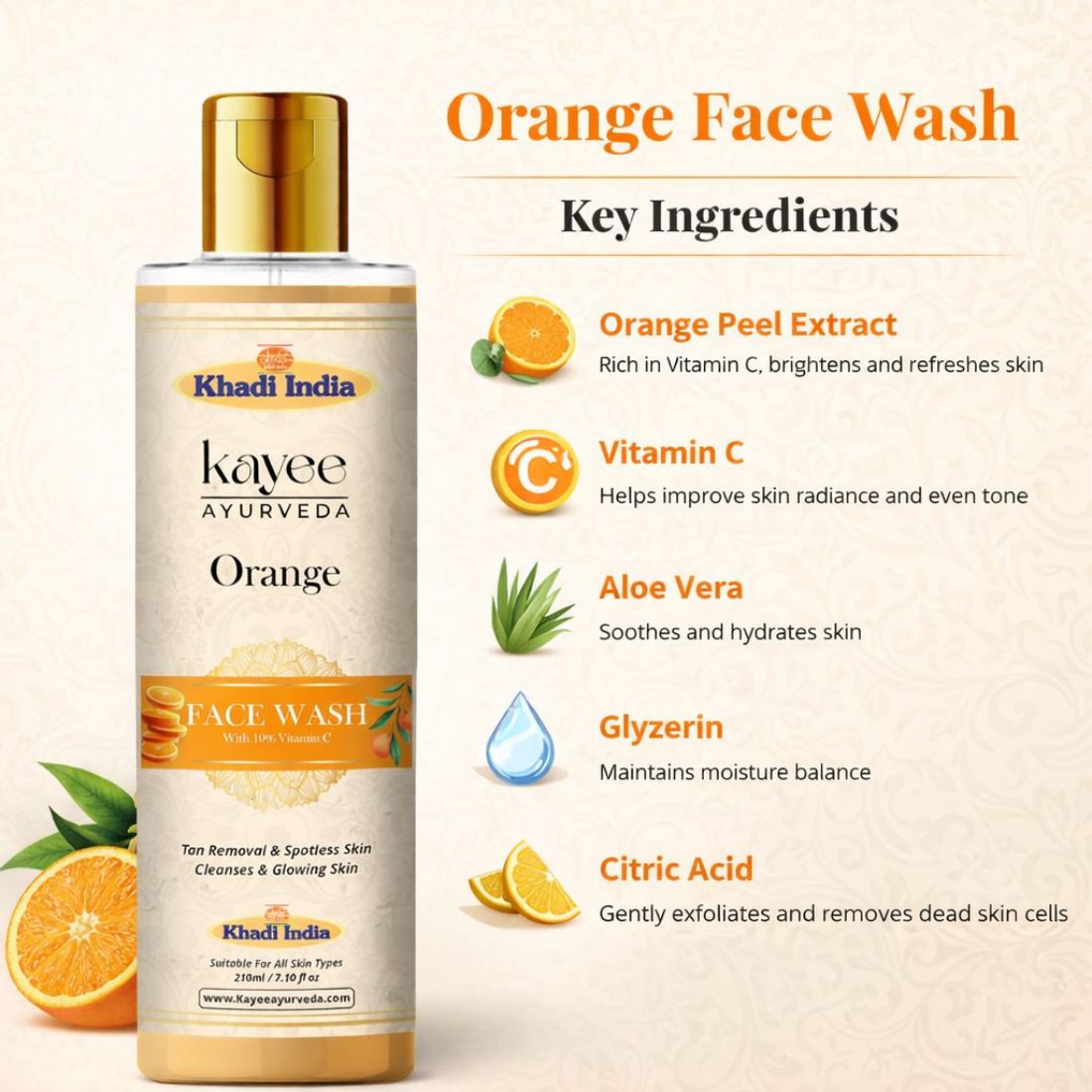 Kayee Ayurveda Orange Face Wash for Glowing & Fresh-Looking Skin | Fruit-Enriched Facial Cleanser for Normal, Oily & Combination Skin | Helps Cleanse Dirt, Pollution, Excess Oil & Daily Impurities for a Smooth, Radiant-Looking Complexion | 210 ml
