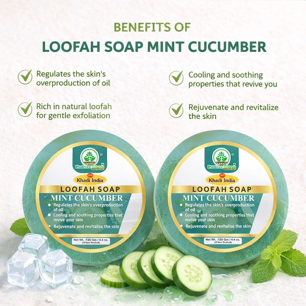 Bhudevam Naturals Khadi Mint Cucumber Loofah Soap – Natural Exfoliating Bath Soap for Cool & Refreshing Skin - 250GM (Pack of 2)