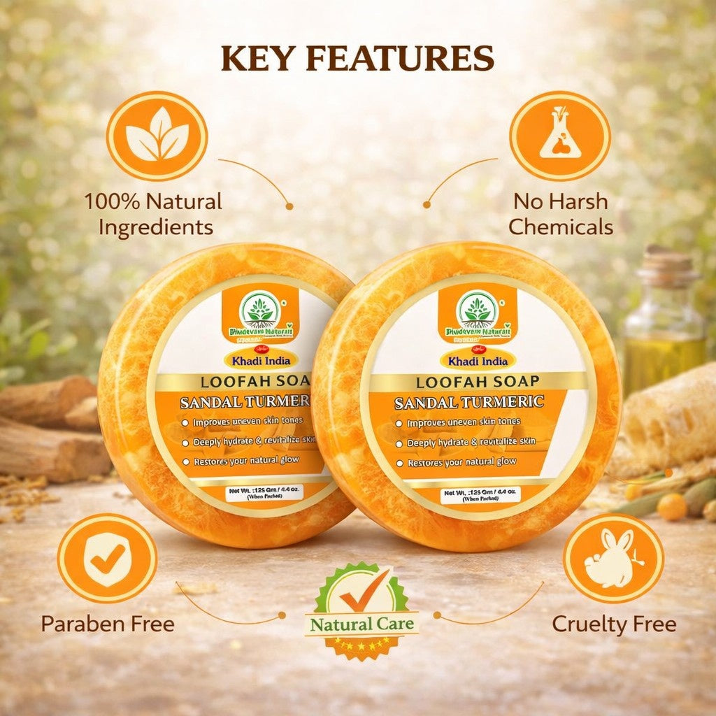 Bhudevam Naturals Khadi Sandal Turmeric Loofah Soap – Natural Exfoliating Bath Soap for Glowing & Clear Skin- 250GM (Pack of 2)