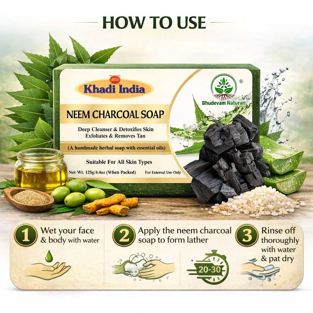 Bhudevam Naturals Khadi Neem & Activated Charcoal Soap – Herbal Handmade Bath Soap for Acne, Pimples, Blackheads Removal- 500GM (Pack of 4)