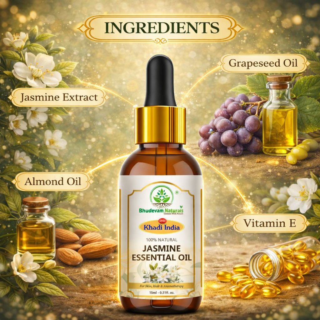 Bhudevam Naturals Khadi Jasmine Essential Oil for Aromatherapy, Skin Care, Hair Care, Stress Relief, Diffuser & Massage - 15ml