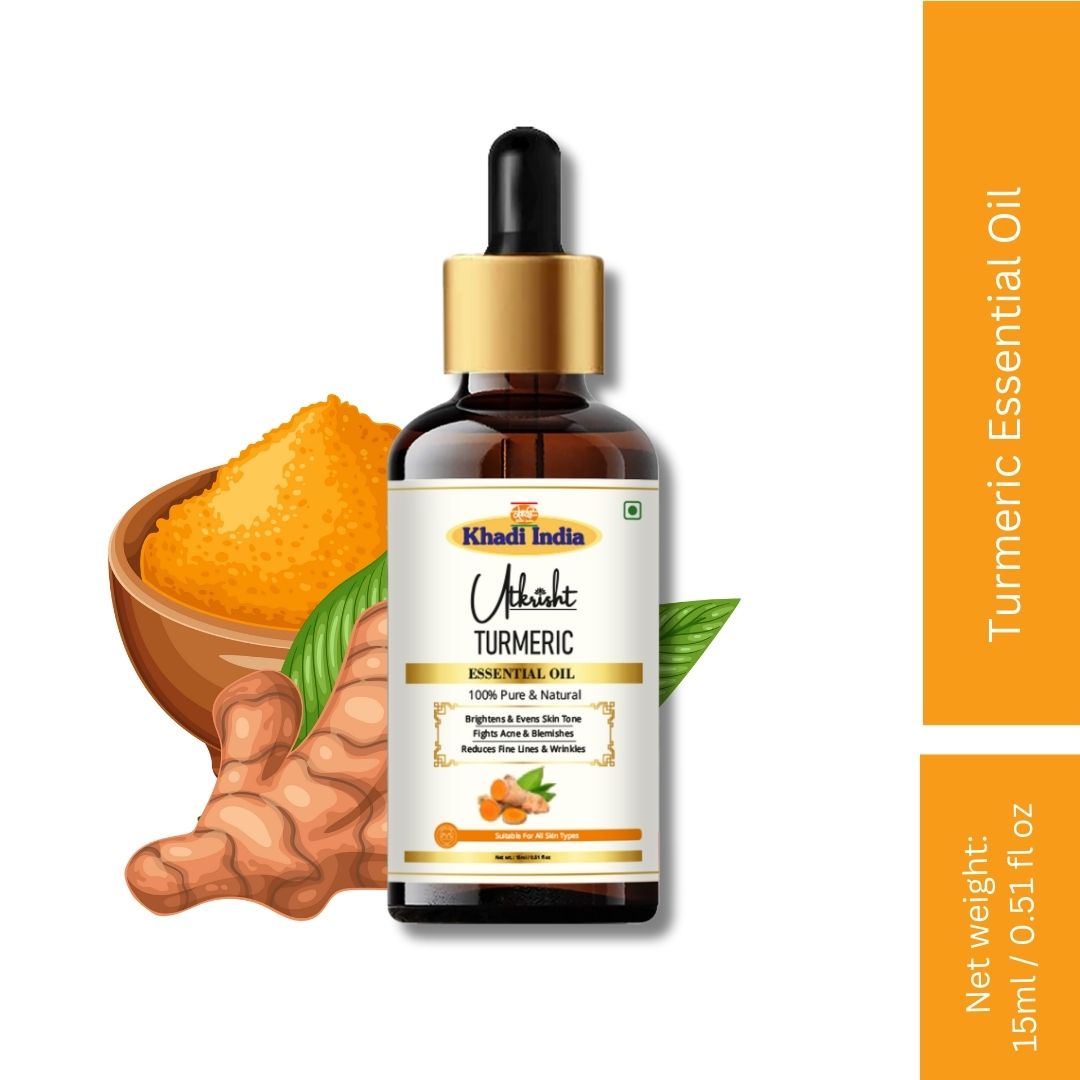 Khadi Turmeric Essential Oil | Pure & Natural Turmeric Oil for Face & Body Care | Essential Oil for Glowing-Looking Skin, Oily & Acne-Prone Skin | Herbal Aromatherapy & Massage Oil | 15 ml