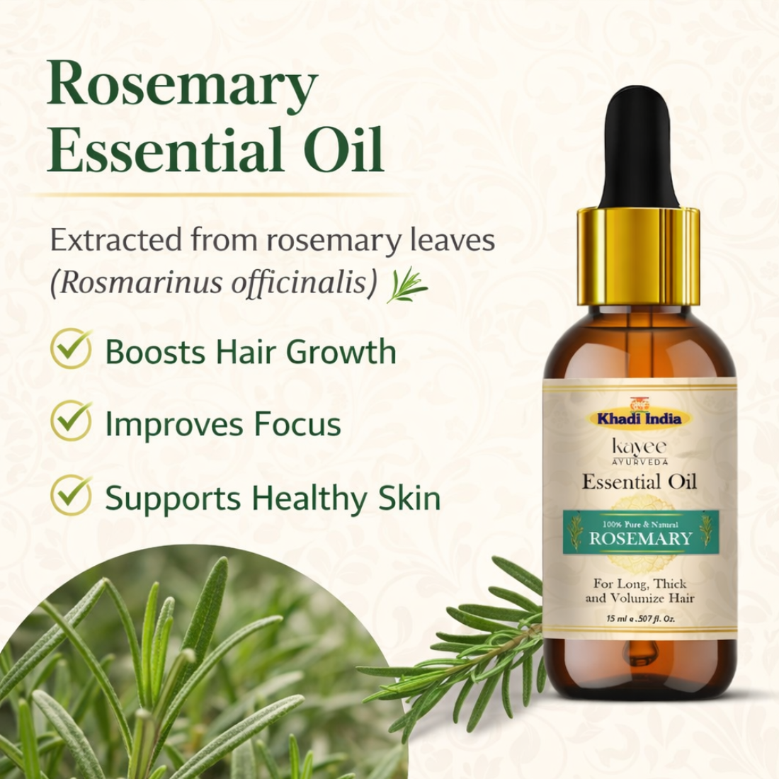 Kayee Ayurveda Rosemary Essential Oil for Hair Care, Aromatherapy, Diffuser & Massage | Refreshing Rosemary Aroma Oil for Scalp & Hair Care, Meditation, Yoga, Spa & Home Fragrance | Multi-Purpose Essential Oil | 15 ml