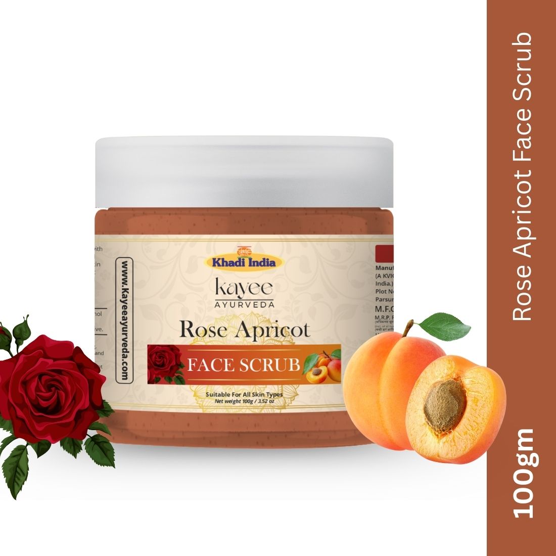 Kayee Ayurveda Rose Apricot Face Scrub for Men & Women | Herbal Exfoliating Facial Scrub for Deep Cleansing, Dead Skin Removal & Smooth Skin Care | Helps Remove Excess Oil & Impurities | Suitable for Regular Skincare Routine