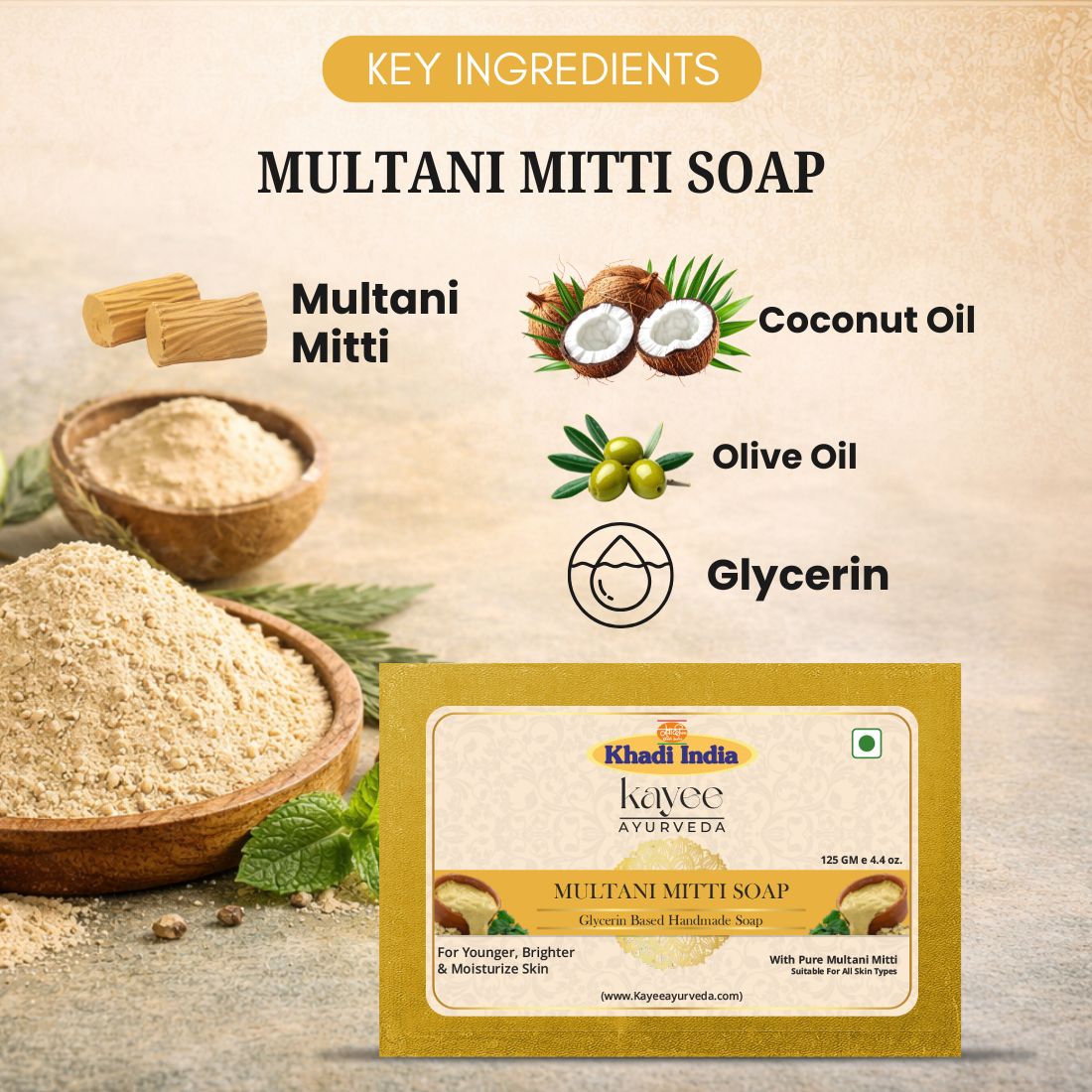 Kayee Ayurveda Multani Mitti Soap for Men & Women | Herbal Fuller's Earth Bathing Soap | Deep Cleansing Body Soap for Dirt, Sweat & Excess Oil | Daily Use Bath Soap for Fresh, Clean & Smooth Looking Skin | 125 g