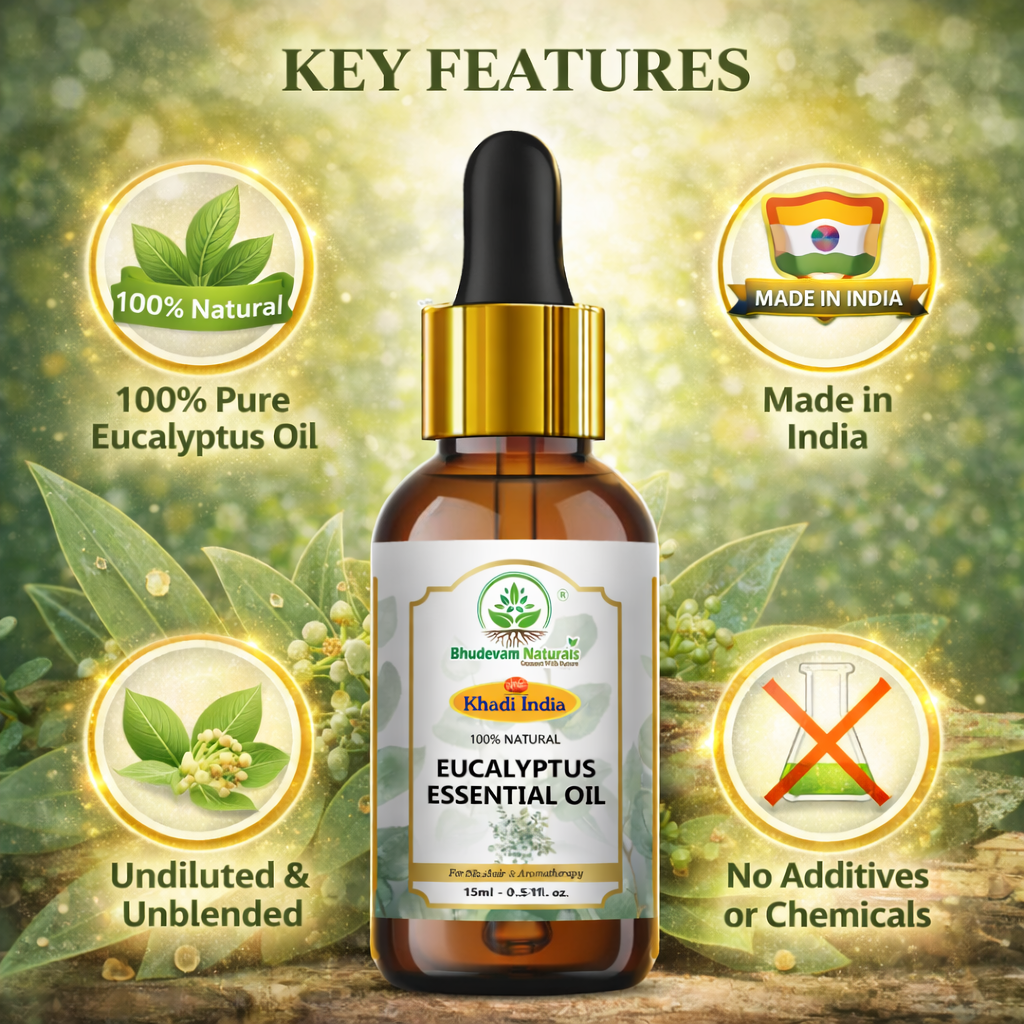 Bhudevam Naturals Khadi Eucalyptus Essential Oil for Steam Inhalation, Headache Relief & Muscle Pain - 15ML