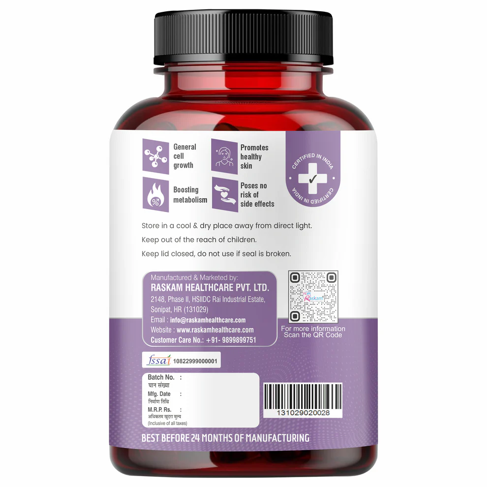 Raskam Biotin - 100 Veg Capsules - Hair Growth, Strong Hair and Glowing Skin, Fights Nail Brittleness