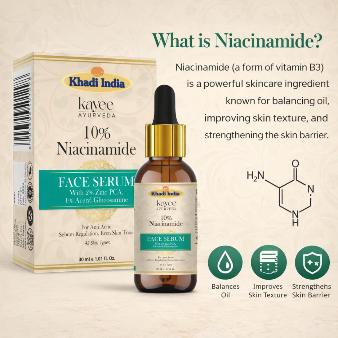Kayee Ayurveda 10% Niacinamide Face Serum for Oily & Combination Skin | Helps Control Excess Oil, Minimize the Appearance of Pores, Improve Uneven Skin Tone & Skin Texture | Lightweight Facial Serum for Women & Men | 30 ml