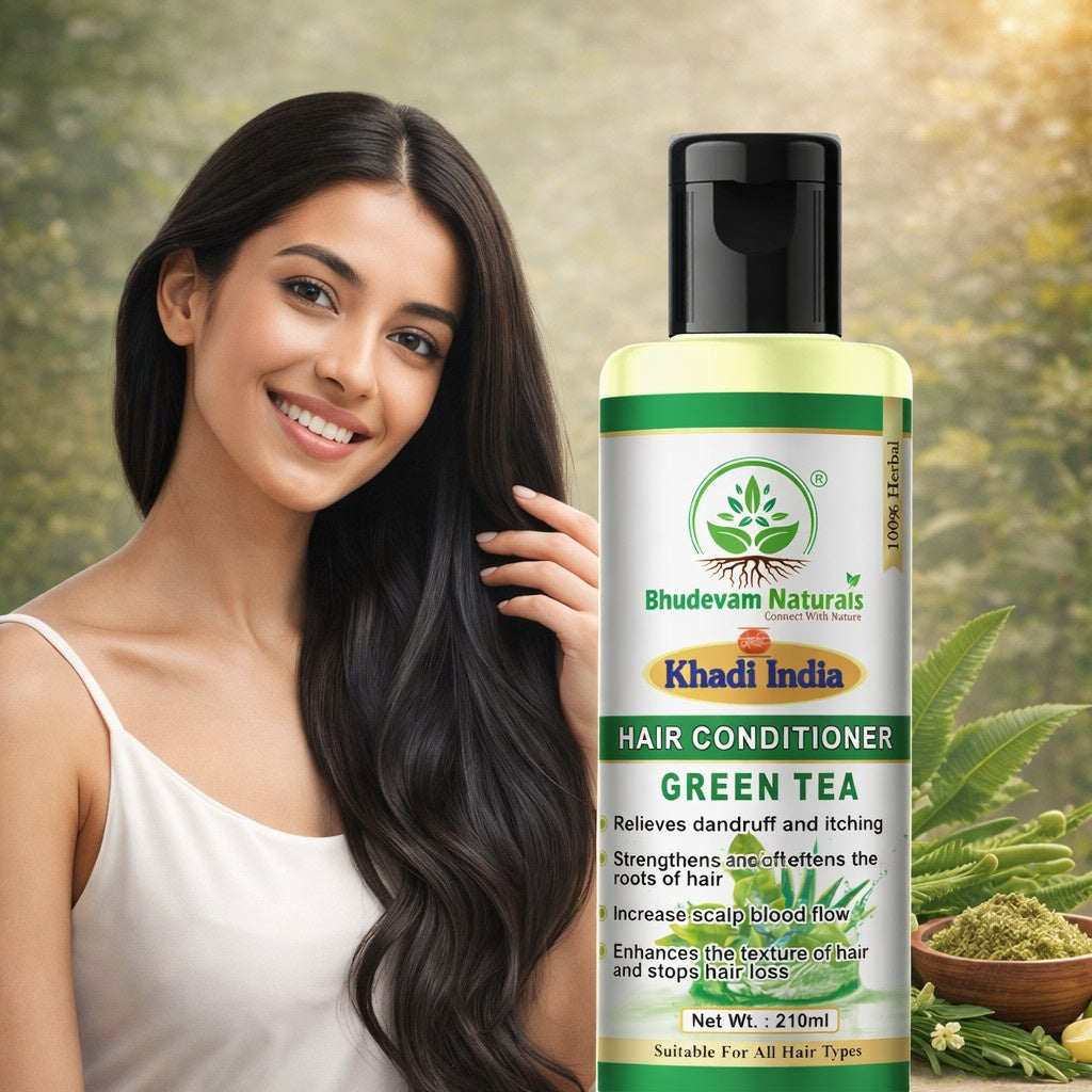 Bhudevam Naturals Khadi Green Tea Aloe Vera Conditioner – Strengthening & Moisturizing Hair Care Formula- 420ML (Pack of 2)