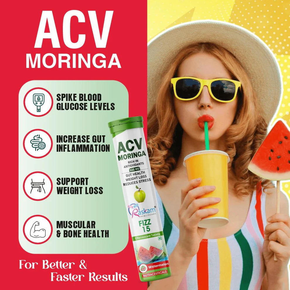 Raskam Apple Cider Vinegar (ACV) Moringa | Master Your Appetite & Boost Immunity | Natural Energy with Antioxidants | No Added Sugar | Watermelon Flavor | 15 Fizz Tablets (500mg)