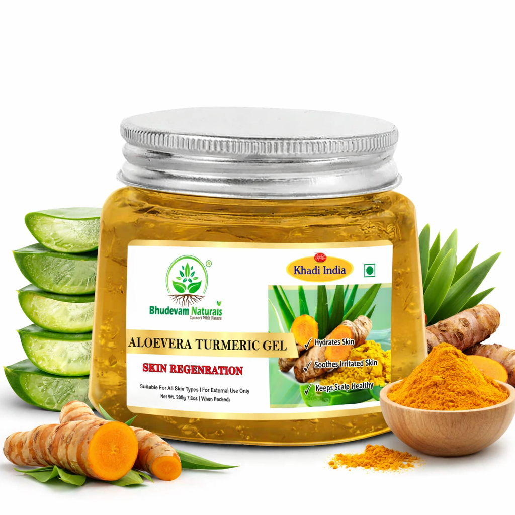 Bhudevam Naturals Khadi Aloe Vera Turmeric Gel for Face & Hair – Skin Brightening, Anti-Acne & Hydrating Moisturizer- 200GM