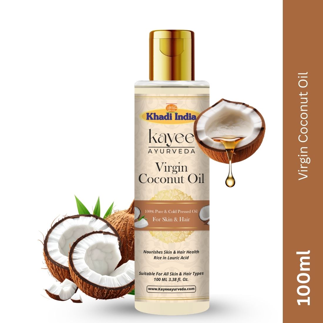 Kayee Ayurveda Virgin Coconut Oil for Hair & Skin | Natural Coconut Oil for Hair & Scalp Nourishment, Dry Skin Moisturization, Hair Conditioning, Softness, Smoothness & Natural-Looking Shine | 100 ml