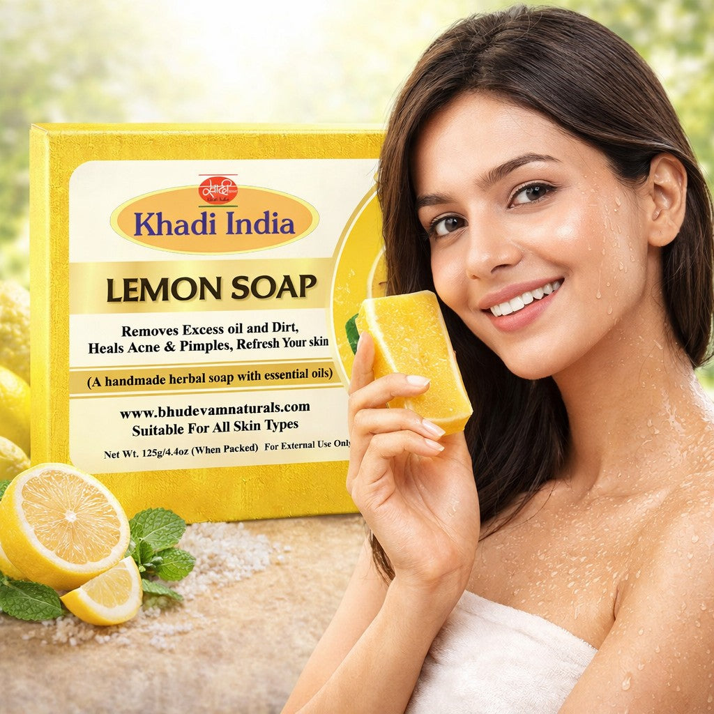 Bhudevam Naturals Khadi 100% Natural Lemon Bath Soap – Skin Brightening & Oil Control Soap, Herbal Formula, Safe for Daily Use- 500GM (Pack of 4)