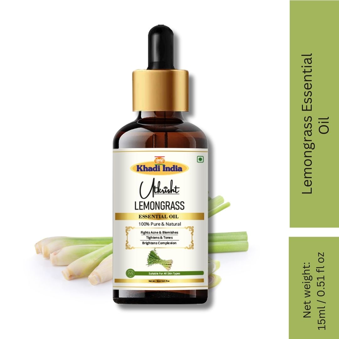 Khadi Lemongrass Essential Oil | Pure & Natural Lemongrass Oil for Face, Skin, Hair & Scalp Care | Essential Oil for Oily & Acne-Prone Skin | Refreshing Aromatherapy Oil | 15 ml