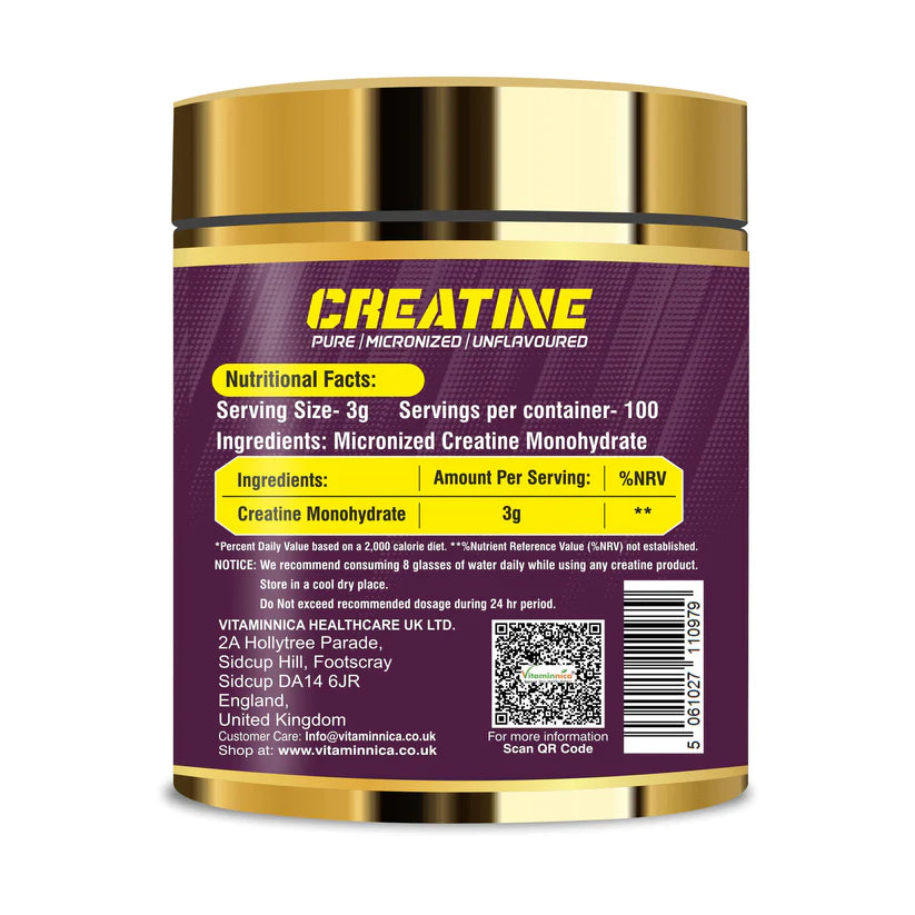 Vitaminnica Pure Creatine Monohydrate Powder - Unflavored Muscle Builder, 300g, 100 Serv