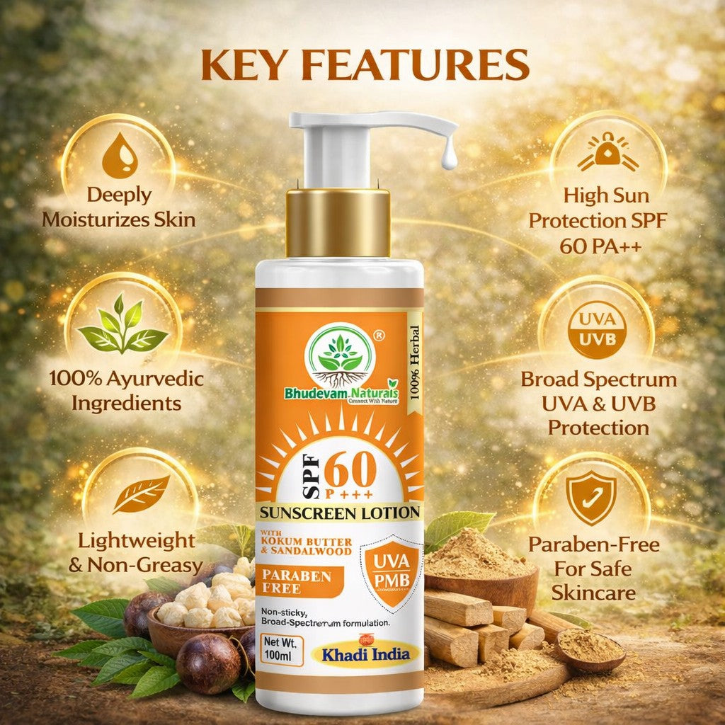 Bhudevam Naturals Khadi SPF 60 Moisturizing Sunscreen Lotion | Non-Greasy Sunblock for Outdoor Sun Protection- 100ML