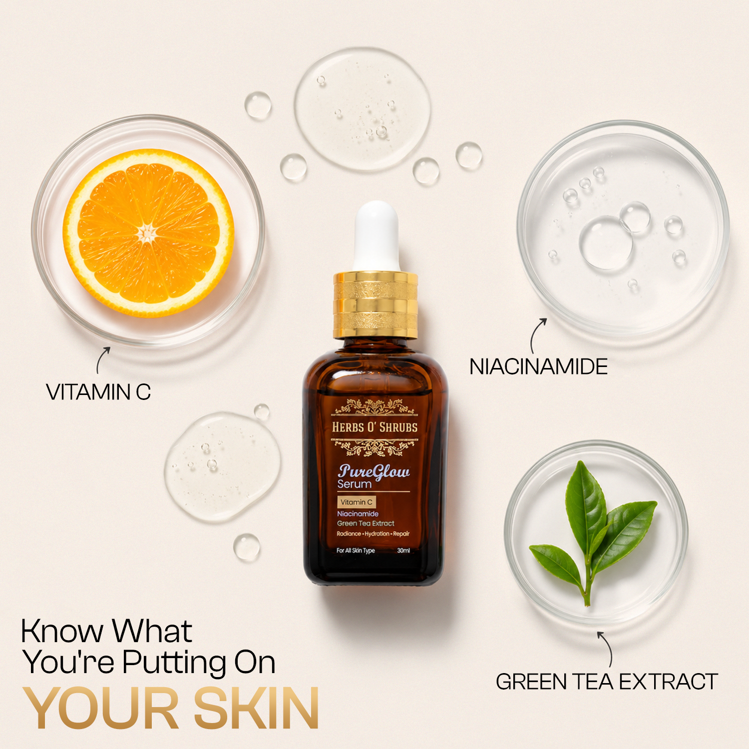 Herbs O' Shrubs Pure Glow Serum | Vitamin C | Niacinamide | Green Tea Extract | All Skin Type, 30ml