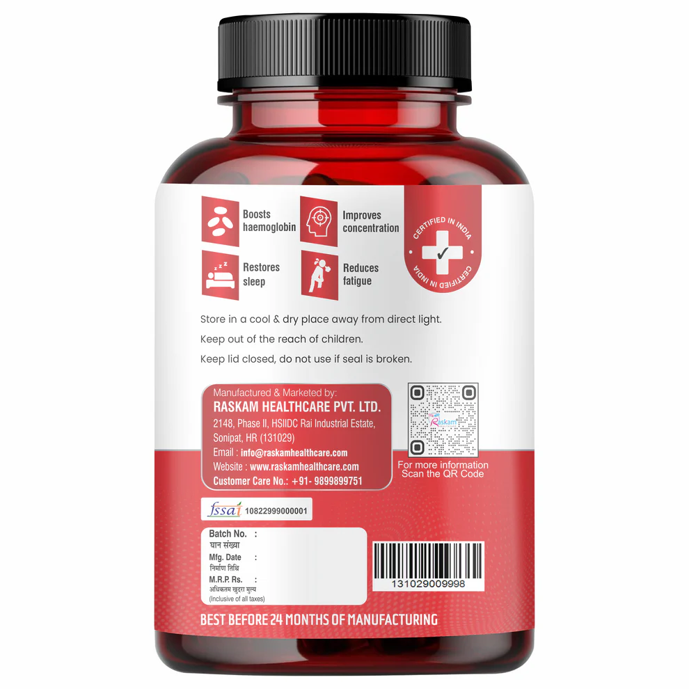 Raskam Iron Supplement with Folic Acid, Vitamin C & Vitamin B12, 60 capsules, Dietary Supplement