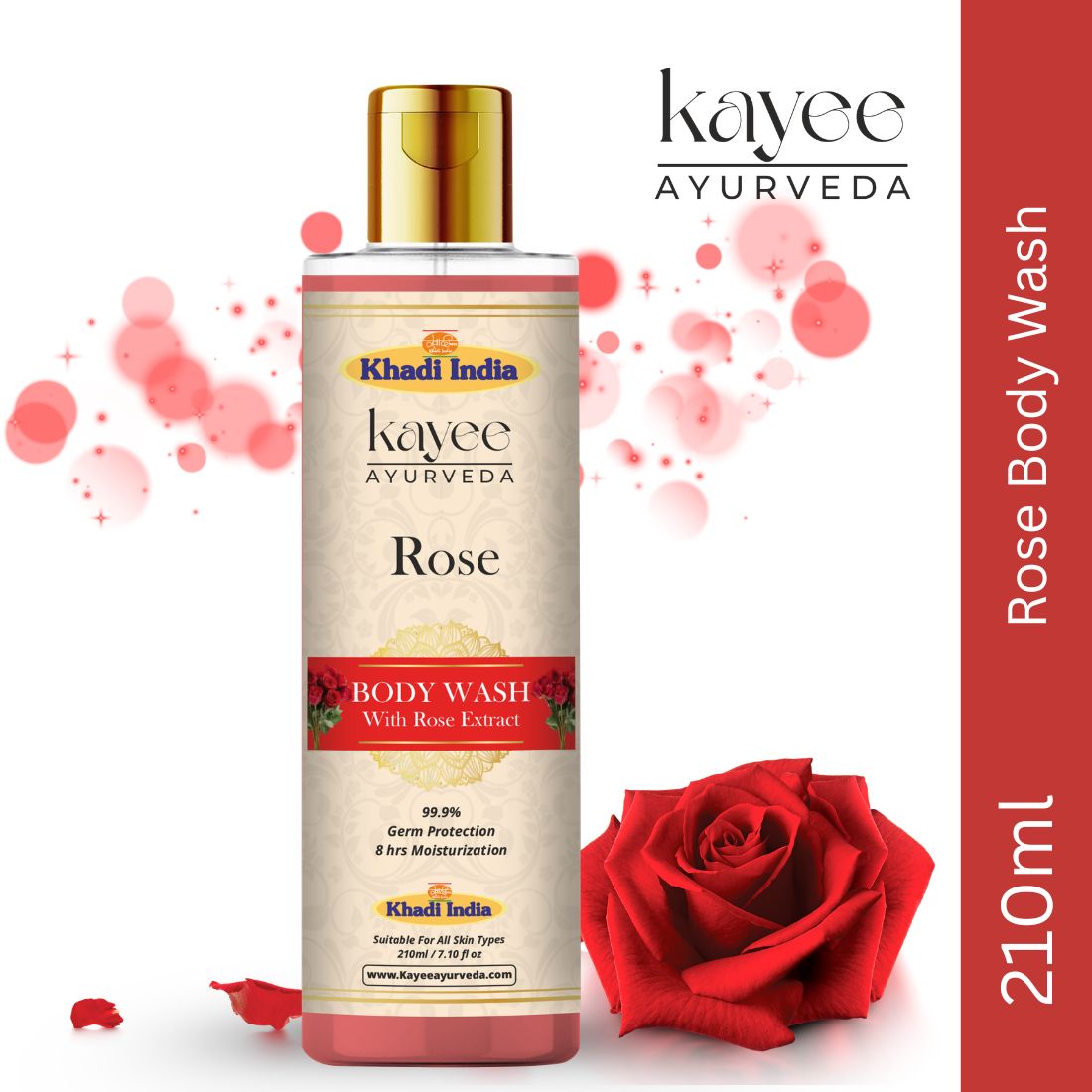 Kayee Ayurveda Rose Body Wash for Men & Women | Herbal Rose Shower Gel for Gentle Cleansing, Freshness & Soft Skin | Helps Remove Dirt, Sweat, Excess Oil & Impurities | Refreshing Daily Bath & Body Care | 210 ml