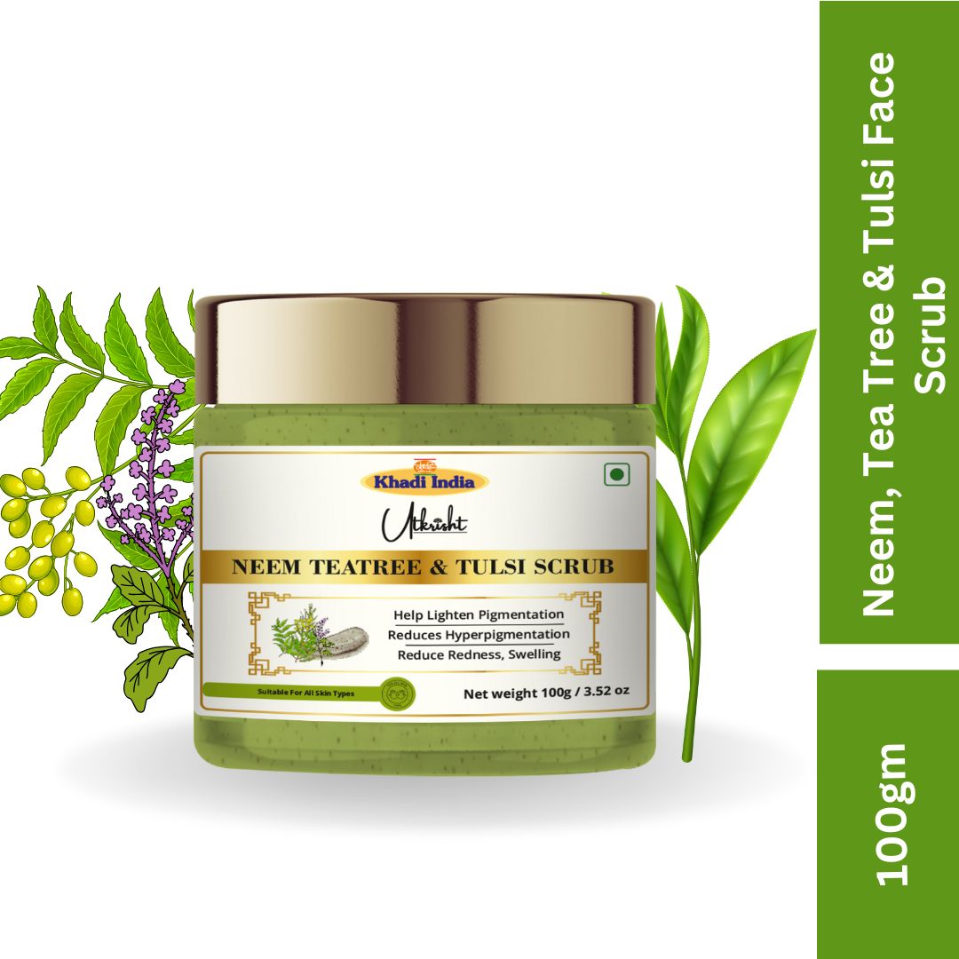 Khadi Neem & Tea Tree Face Scrub | Exfoliating Scrub for Oily & Acne-Prone Skin | Helps Remove Dead Skin, Dirt & Excess Oil | Pore Cleansing & Blemish Care | Herbal Ayurvedic Formula for Clear & Fresh-Looking Skin | 100 gm