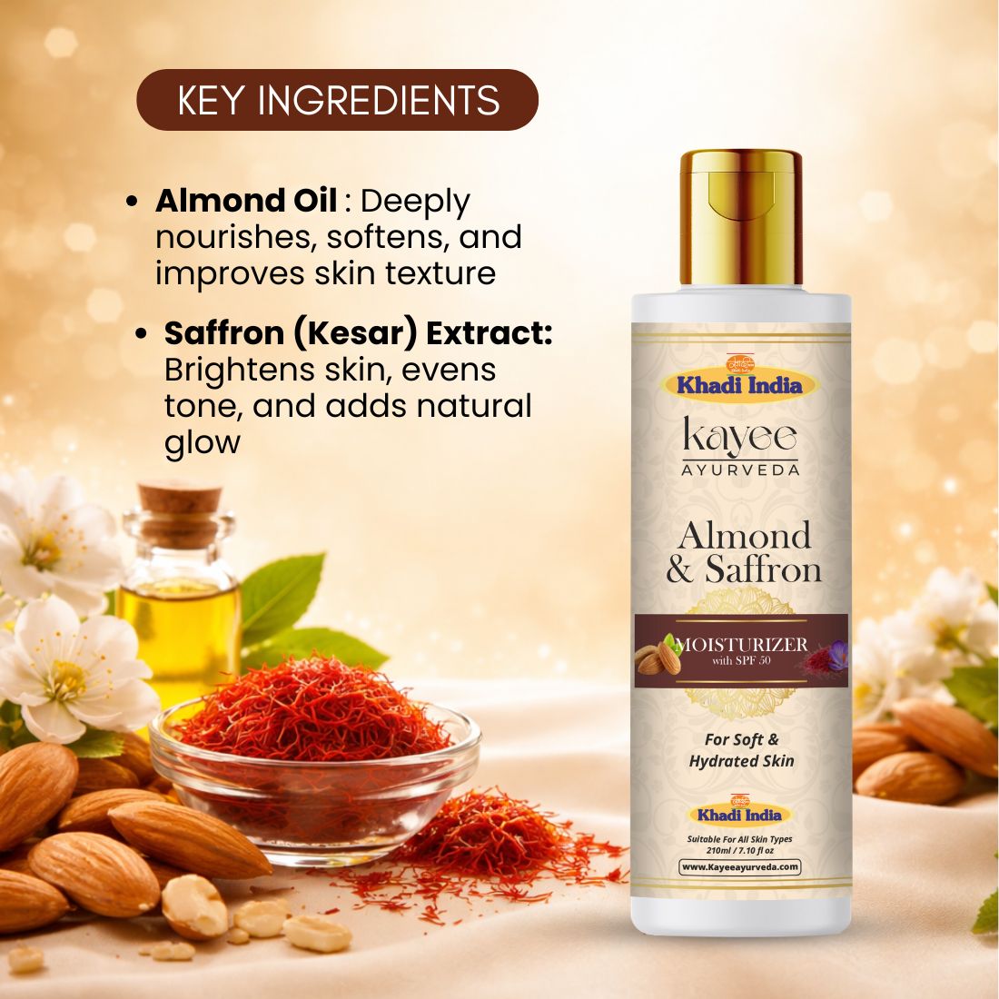 Kayee Ayurveda Almond Saffron Face Moisturizer, Nourishing Daily Facial Cream for Dry & Normal Skin, Helps Moisturize and Improve the Appearance of Dullness & Uneven Skin Tone, Women & Men | 210 ml