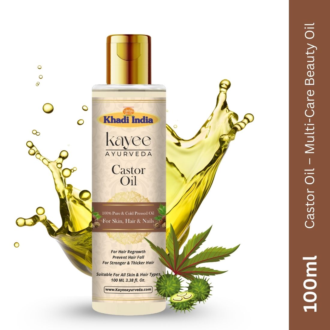Kayee Ayurveda Castor Oil for Skin, Hair & Nails | 100% Pure Castor Oil for Hair & Scalp Nourishment, Skin Moisturizing, Nail & Cuticle Care | Multi-Purpose Natural Beauty Oil for Men & Women | 100 ml