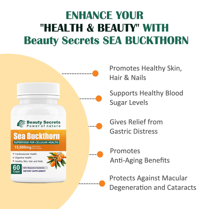 Beauty Secrets Sea Buckthorn Capsules 15000 mg | Sea Buckthorn Berry Extract | with Omega-7 | High Potency Antioxidant Supplement for Immune Support, Digestive & Heart Health | 60 Veg Capsules