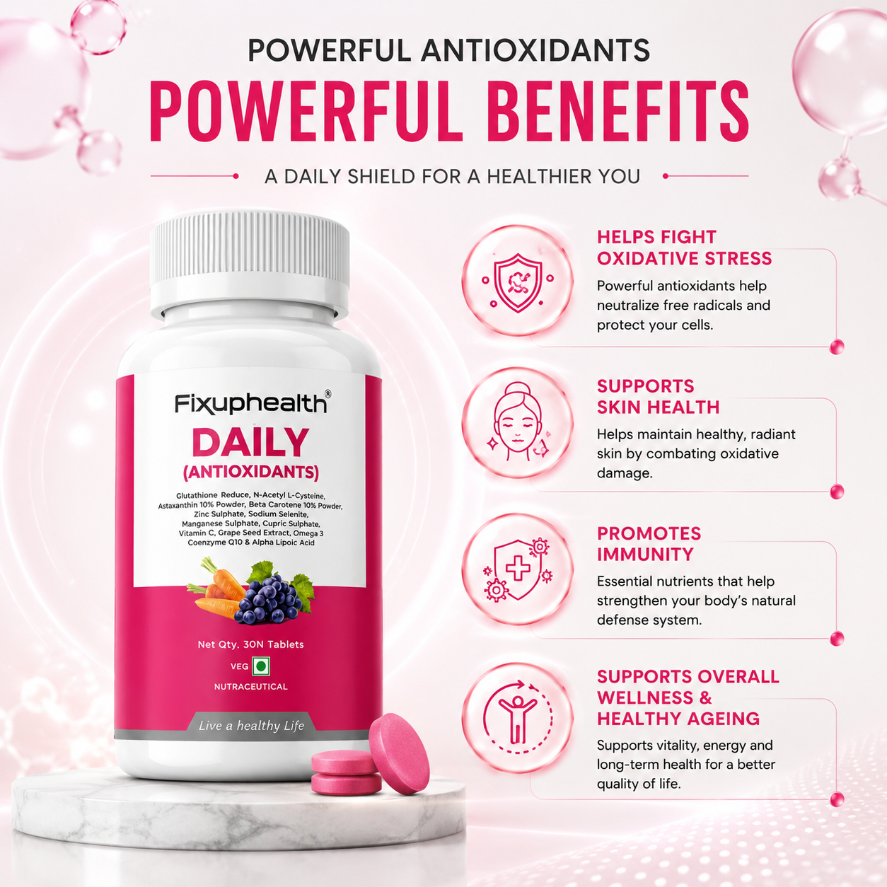 Fixuphealth Daily Antioxidants Coenzyme Q10 & Glutathione Supplement | NAC, Astaxanthin, Alpha Lipoic Acid, Grape Extract, Zinc & Selenium | Skin Brightening, Hair, Eye & Immunity Support | 30 Tablet
