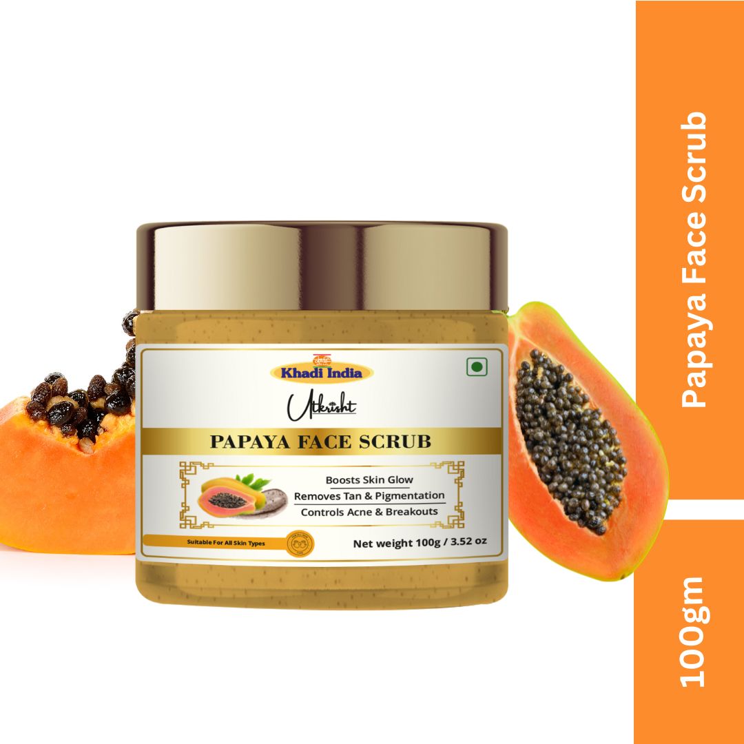Khadi Papaya Face Scrub | Natural Exfoliating Scrub with Papaya Enzymes | Helps Remove Dead Skin, Dirt & Surface Impurities | De-Tan & Skin Brightening Care | Herbal Ayurvedic Face Scrub for Smooth & Glowing-Looking Skin | For All Skin Types | 100 gm
